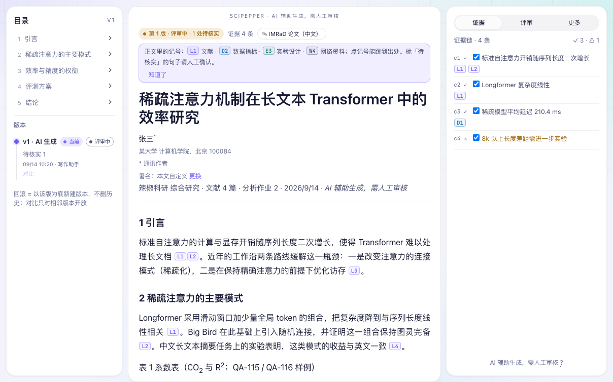 报告页三栏：左侧目录与版本，中间正文带 [L1][L2] 等引用记号和顶部记号说明条，右侧证据 / 评审 / 更多面板